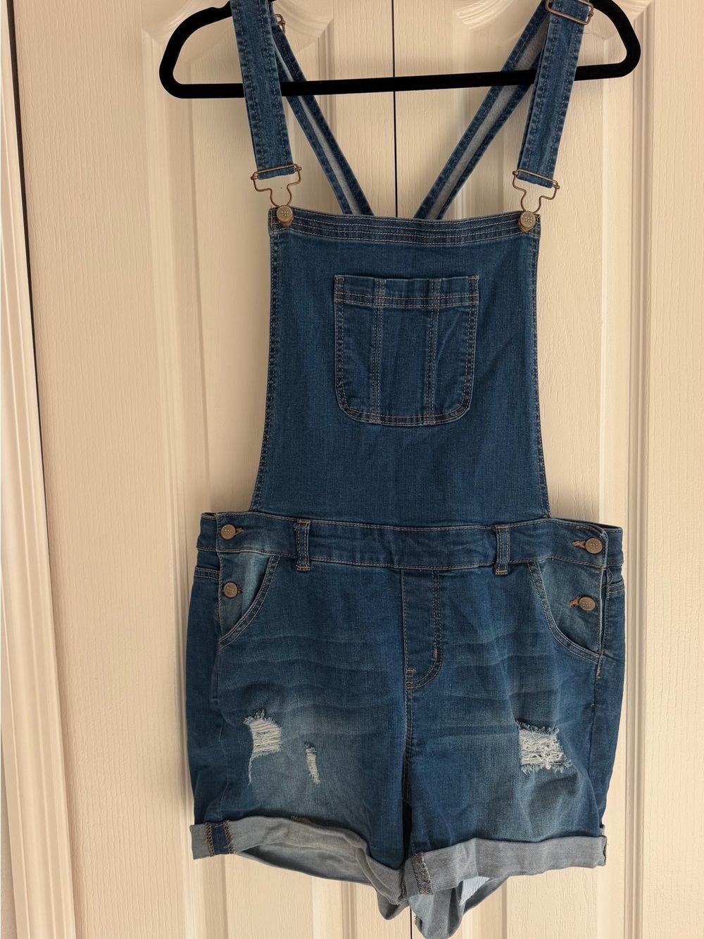 Wax Jean Blue Distressed Denim Short Overalls